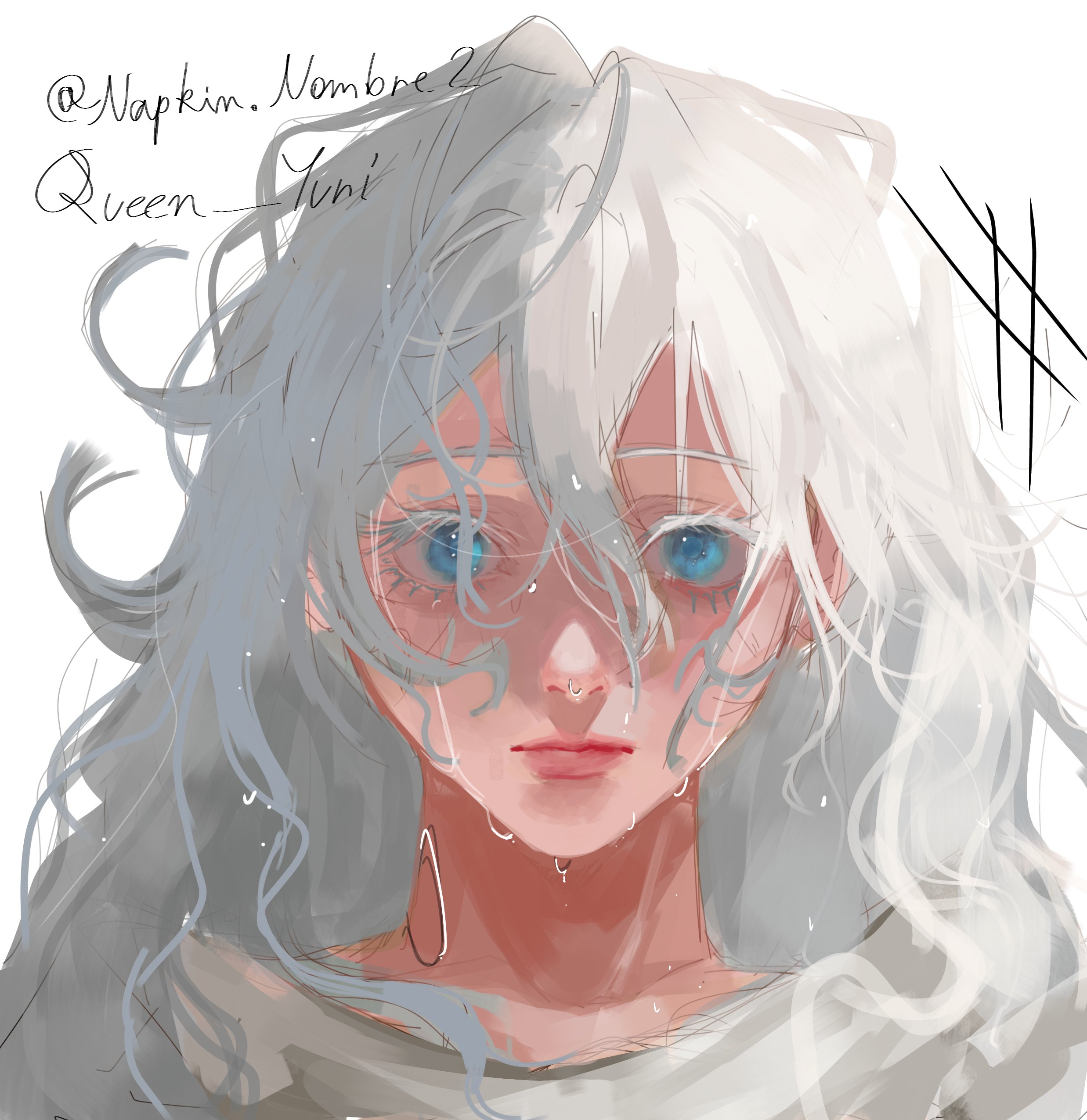 kiana kaslana, benghuai xueyuan, honkai (series), absurdres, commentary, english commentary, highres, 1girl, artist name, blue eyes, closed mouth, hair between eyes, long hair, queen yuri.mj, signature, solo, white hair