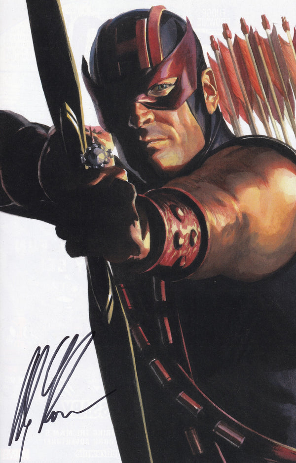 alex ross, clint barton, hawkeye (marvel), avengers (series), marvel, comic cover, merchandise available, official art, 1boy, aiming, aiming at viewer, aqua eyes, arrow (projectile), bow (weapon), bracelet, cover, cover page, holding, holding bow (weapon), holding weapon, jewelry, looking at viewer, male focus, mask, muscular, muscular male, one eye in shadow, quiver, realistic, signature, solo, superhero costume, upper body, weapon, western comics (style), white background