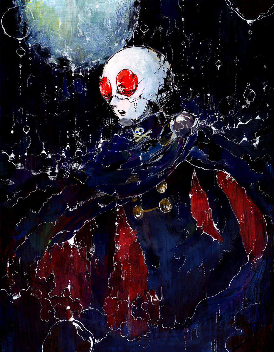 hirasawa, ishinomori shotaro, skullman, the skullman, highres, traditional media, 1boy, cape, helmet, male focus, mask, moon, skull and crossbones, solo