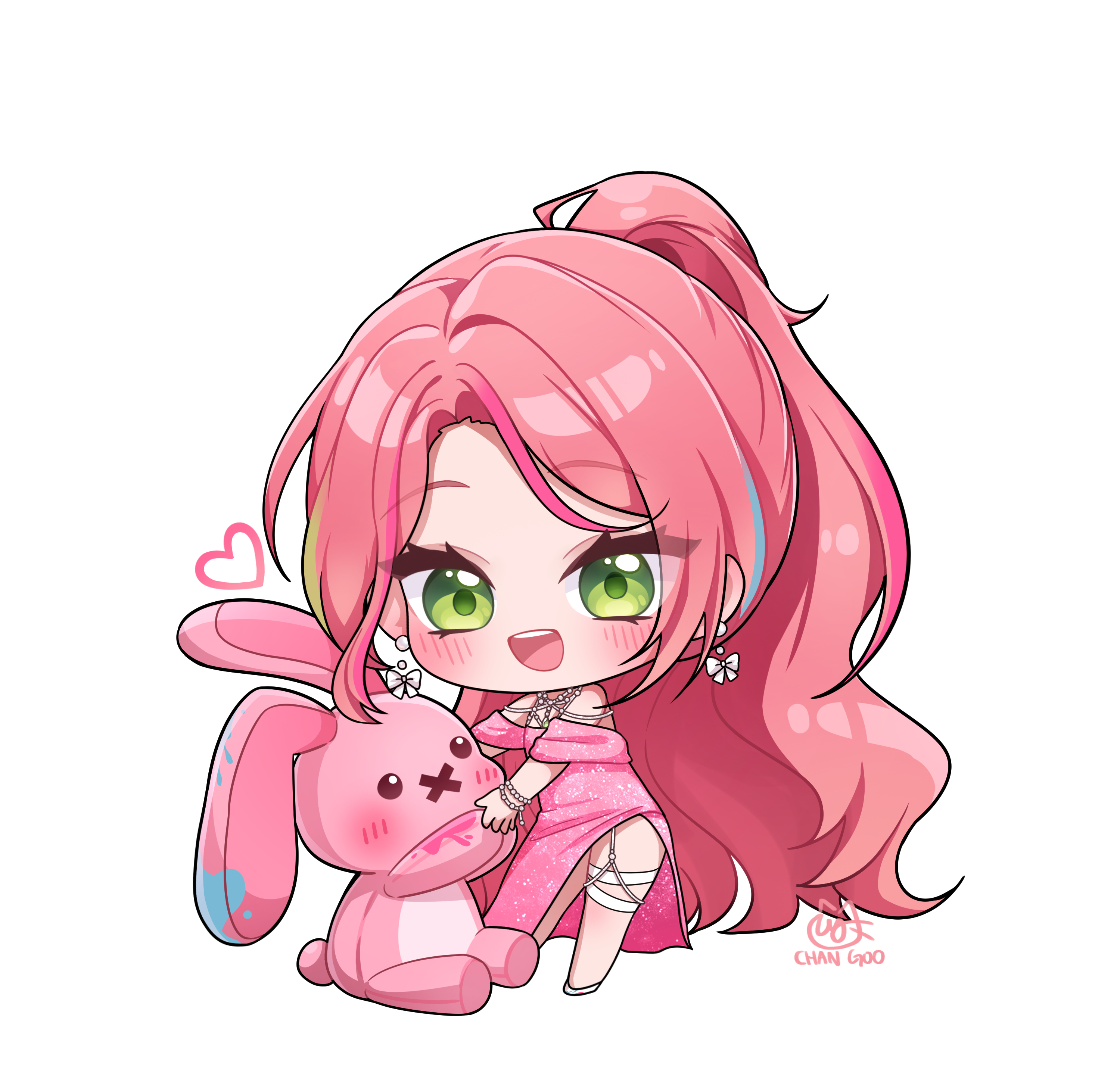 charachan900, hanako nana, peto (hanako nana), stellive, absurdres, highres, 1girl, artist name, blue hair, blush, bow, bow earrings, bracelet, chibi, chibi only, dress, earrings, green eyes, green hair, heart, jewelry, multicolored hair, necklace, off-shoulder dress, off shoulder, open mouth, pink dress, pink hair, ponytail, simple background, streaked hair, teeth, thigh strap, upper teeth only, virtual youtuber, white background