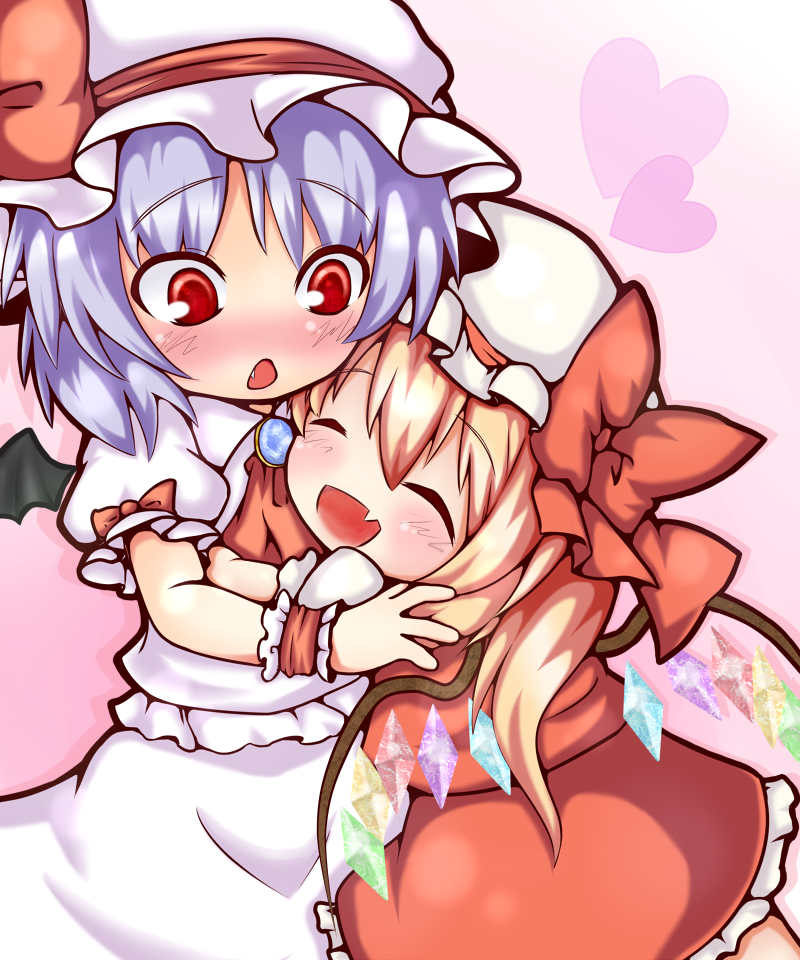 inanosuke, flandre scarlet, remilia scarlet, touhou, bad id, bad pixiv id, 2girls, chibi, fang, female focus, heart, hug, multiple girls, siblings, sisters