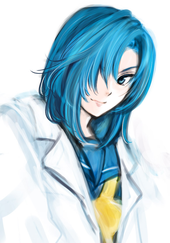 doraeshi, himoo yuina, tokimeki memorial, tokimeki memorial 1, bad id, bad pixiv id, 1girl, blue eyes, blue hair, blue sailor collar, female focus, hair over eyes, hair over one eye, lab coat, matching hair/eyes, profile, sailor collar, solo