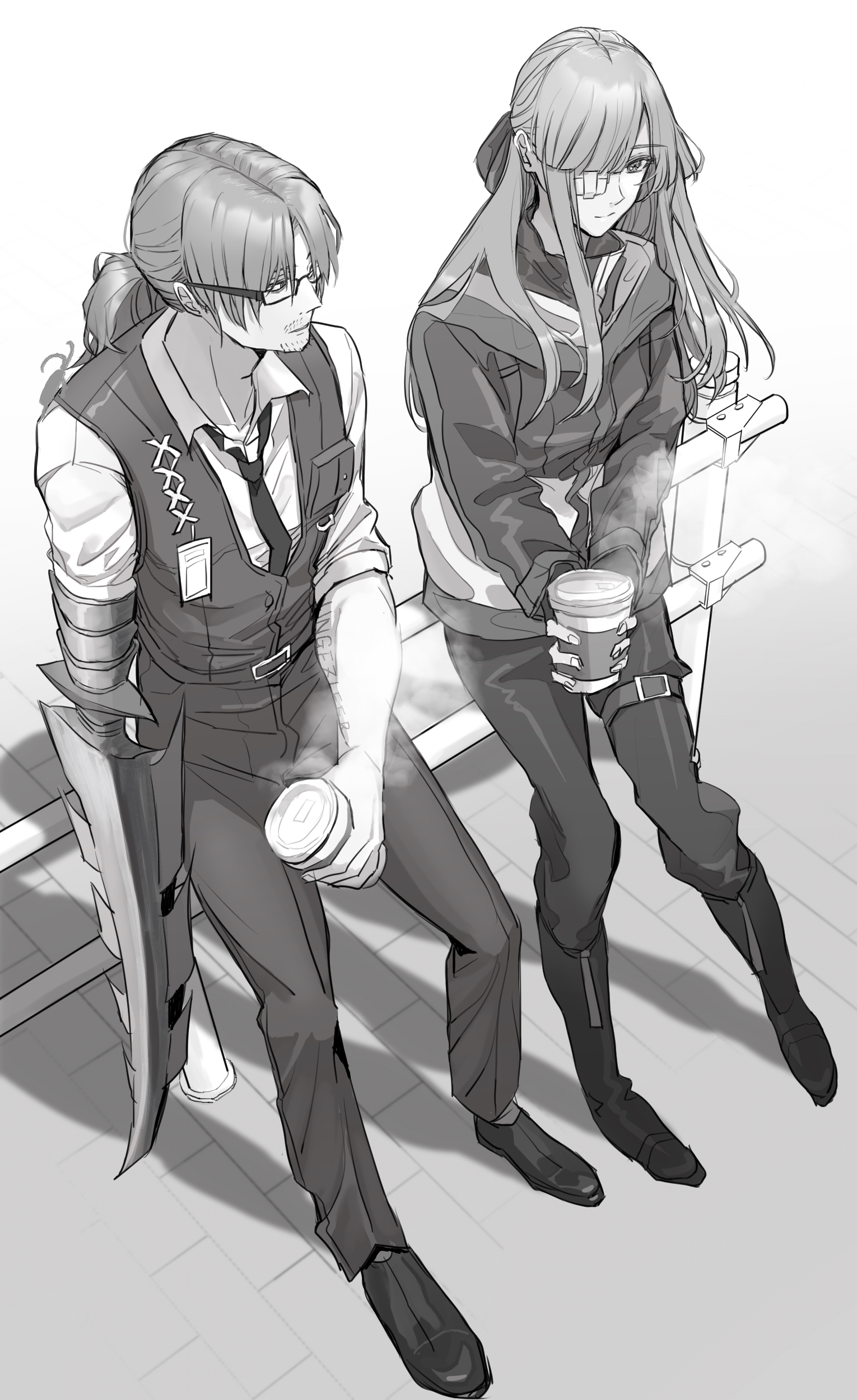 uibou00000, gregor (project moon), yuri (project moon), limbus company, project moon, absurdres, highres, 1boy, 1girl, arthropod limbs, belt, boots, bow, breast pocket, breasts, buckle, closed eyes, closed mouth, closed umbrella, coffee, collarbone, collared shirt, cup, disposable cup, eyepatch, facial hair, fingernails, formal clothes, from above, from side, full body, glasses, greyscale, hair between eyes, hair bow, hair ribbon, half-closed eyes, holding, holding cup, id card, jacket, long hair, long sleeves, looking at another, looking down, looking to the side, low ponytail, male focus, medical eyepatch, monochrome, mug, name tag, necktie, one eye covered, pants, pants tucked in, parted bangs, pocket, ponytail, pouch, ribbon, semi-rimless eyewear, shadow, shirt, sidelocks, simple background, sitting, sleeves rolled up, steam, steaming cup, straight hair, stubble, suit, thigh strap, tile floor, tiles, turtleneck, turtleneck shirt, umbrella, under-rim eyewear, vest, white background, work boots, zipper