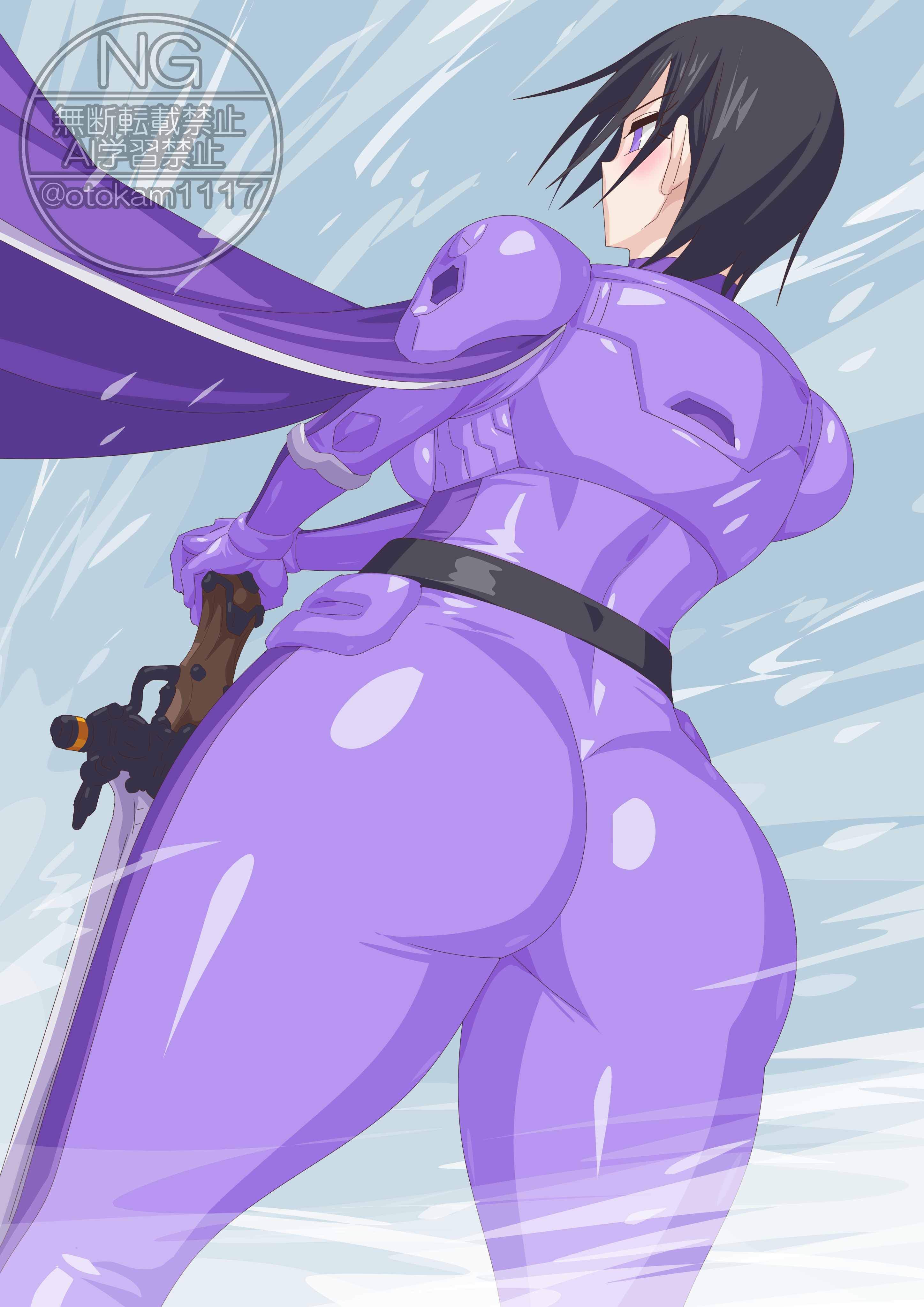 otokamu, kanisuka rita, ohsama sentai king-ohger, super sentai, 1girl, armored bodysuit, bodysuit, heterochromia, holding, holding sword, holding weapon, no headwear, sword, weapon