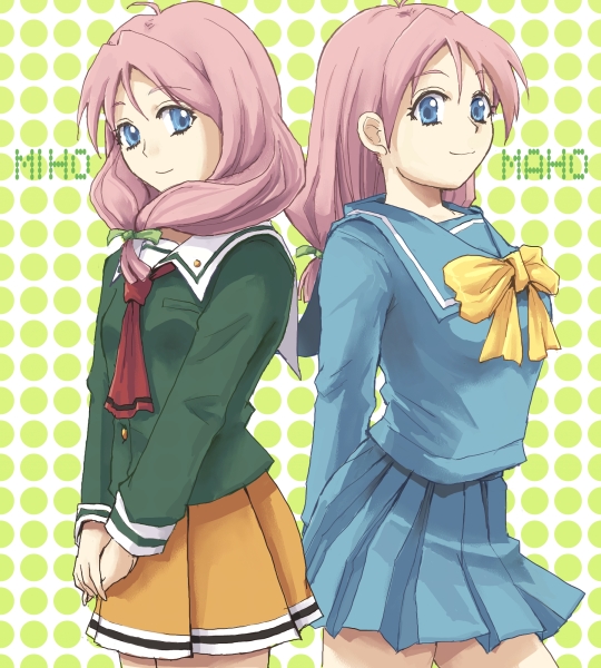 sa-kuma, shirayuki maho, shirayuki miho, tokimeki memorial, tokimeki memorial 2, 2girls, blue eyes, blue skirt, character name, front ponytail, green shirt, long hair, low-tied long hair, multiple girls, orange skirt, pink hair, school uniform, serafuku, shirt, siblings, sisters, skirt, twins