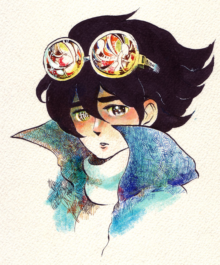 hirasawa, jiro (kikaider), android kikaider, jinzou ningen kikaider, kikaider (series), traditional media, 1boy, android, black hair, eyewear on head, male focus, portrait, solo, sunglasses, upper body