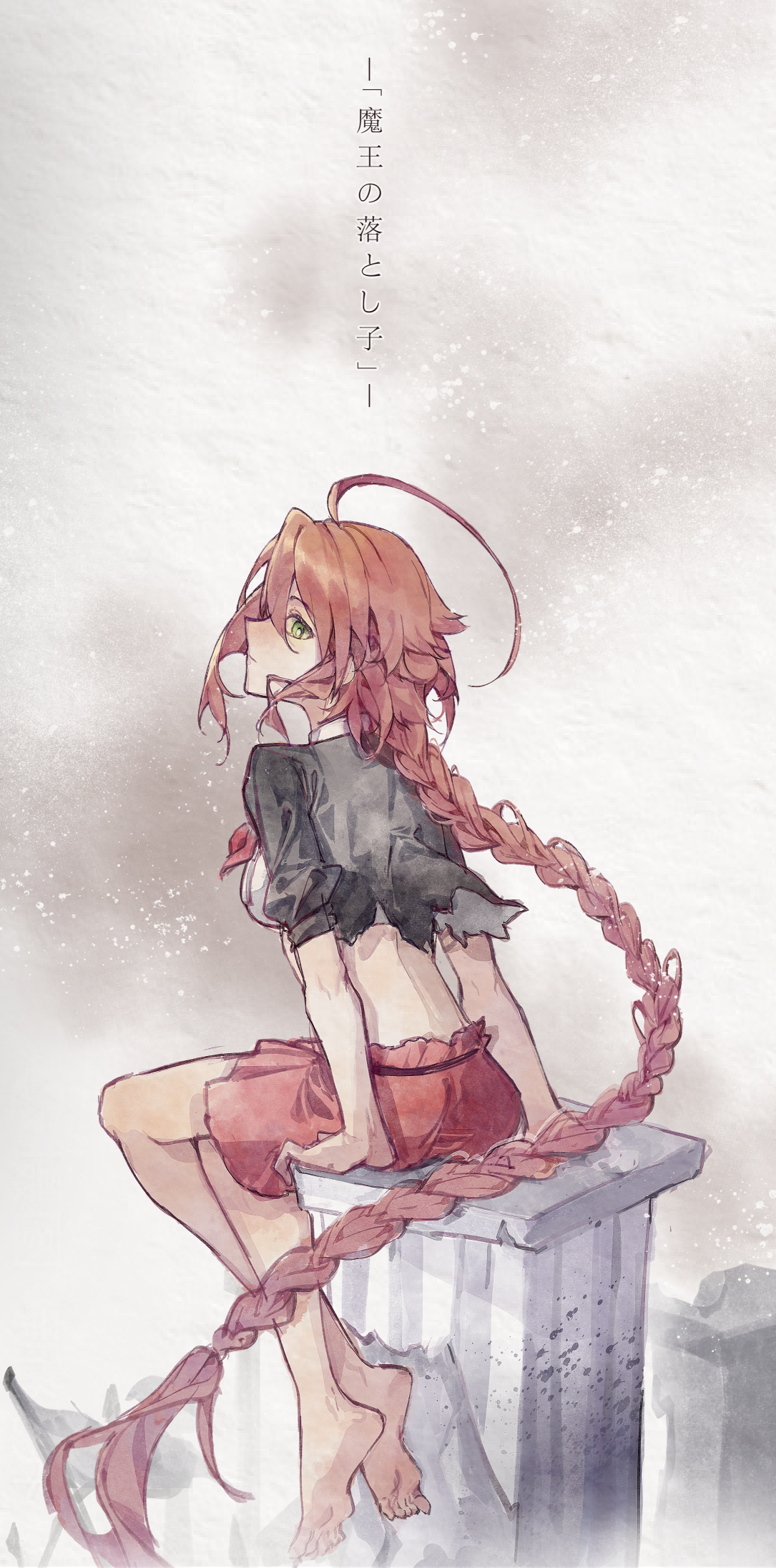 hongcai rainbow, tu the magic, ishura, commentary request, highres, 1girl, ahoge, barefoot, braid, breasts, closed mouth, full body, green eyes, hair between eyes, jacket, long hair, looking to the side, low ponytail, necktie, orange hair, ponytail, shirt, sitting, skirt, solo, stone pillar, torn, torn clothes, torn jacket, white shirt