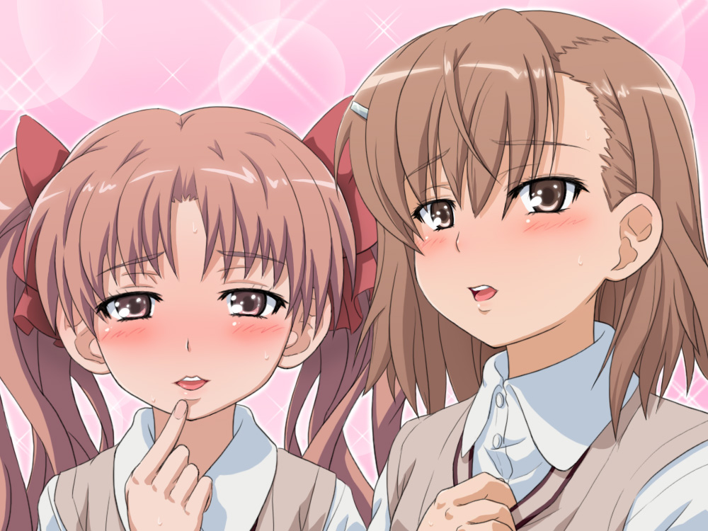 mameshiba (pixiv 59310), misaka mikoto, shirai kuroko, toaru kagaku no railgun, toaru majutsu no index, 10s, 2010, 2girls, blush, bow, brown eyes, brown hair, finger to mouth, flustered, hair bow, hair ornament, hairclip, long hair, looking at viewer, multiple girls, open mouth, school uniform, short hair, smile, teeth, tokiwadai school uniform, tongue, twintails