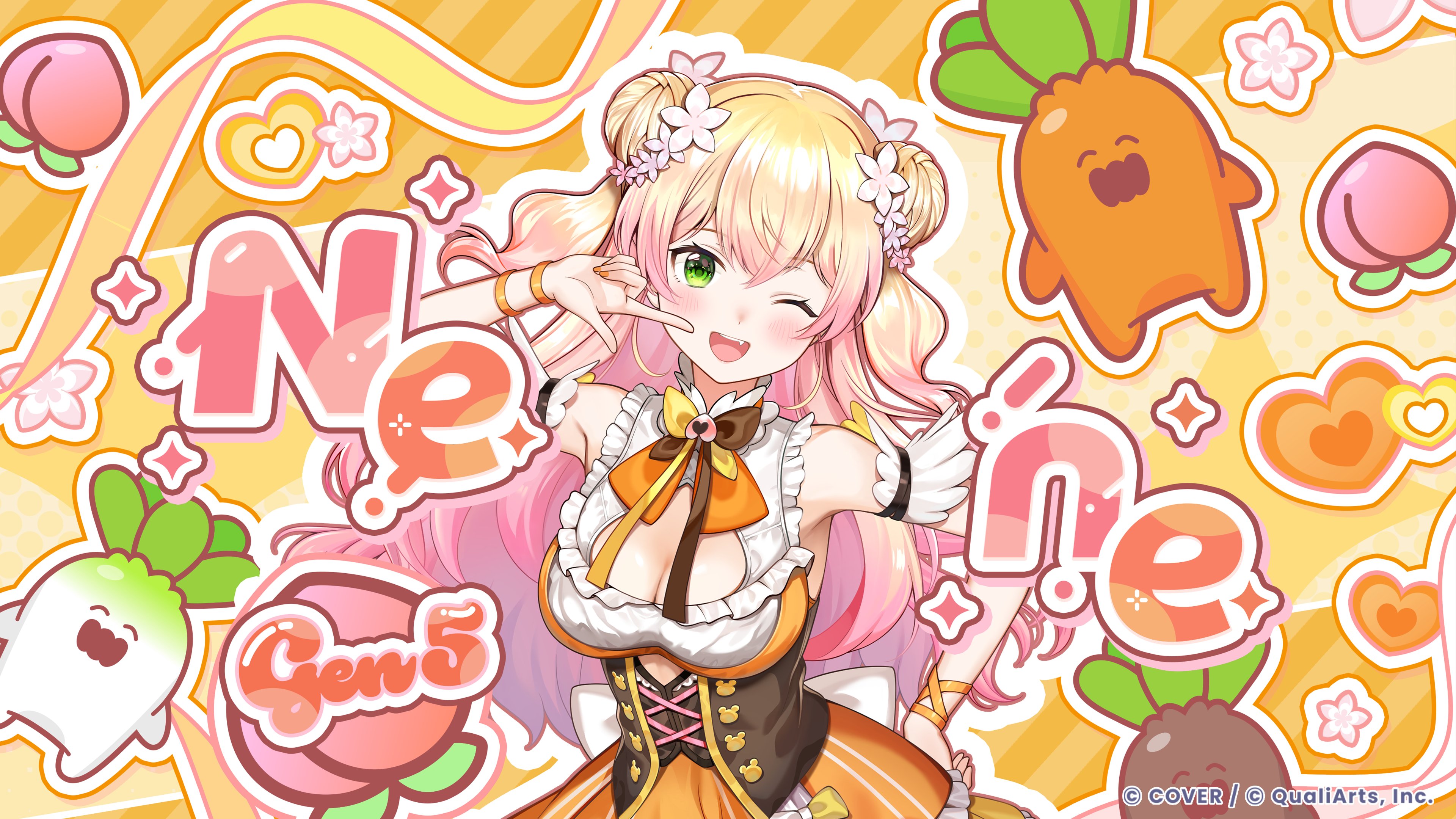 momosuzu nene, momosuzu nene (1st costume), nekko (momosuzu nene), hololive, absurdres, commentary request, highres, official art, 1girl, ;d, blonde hair, breasts, brown corset, character name, company name, copyright notice, corset, double bun, fang, food, frills, fruit, gradient hair, green eyes, hair between eyes, hair bun, heart, hololive dreams, long hair, multicolored hair, one eye closed, open mouth, outline, peach, pink hair, side up bun, smile, solo, sparkle, teeth, tongue, two side up, upper teeth only, white outline