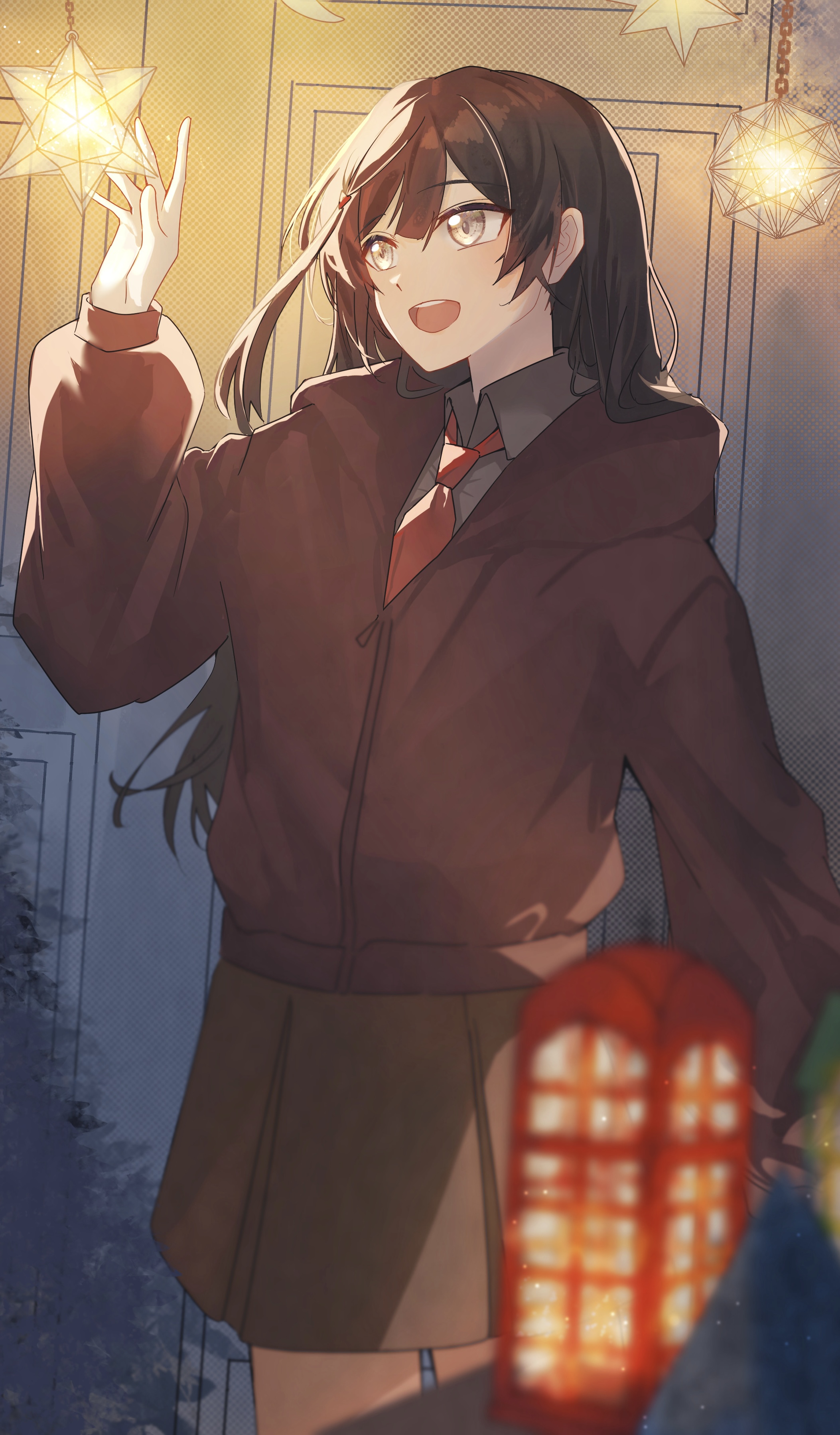 m (cocoa3000), yuki setsuna, love live!, love live! nijigasaki high school idol club, absurdres, commentary, highres, symbol-only commentary, 1girl, blue eyes, blue hair, grey shirt, grey skirt, hair ornament, hairclip, jacket, lantern, long hair, looking at object, necktie, open mouth, red jacket, red necktie, shirt, side ponytail, skirt, smile, solo