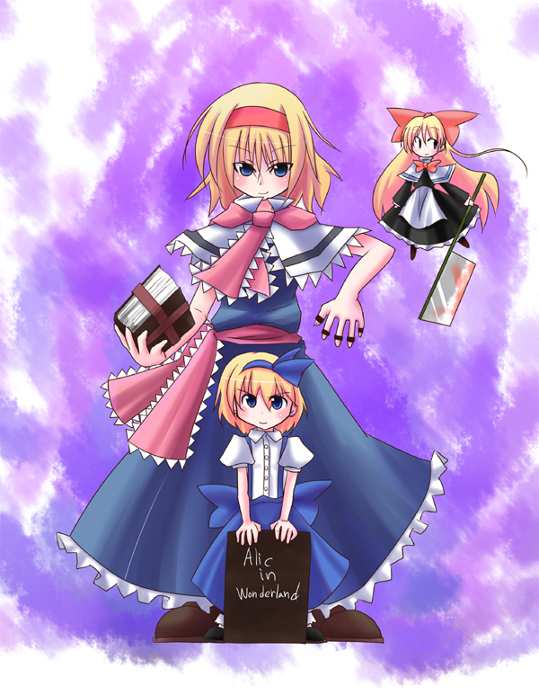 kuraryu, alice margatroid, alice margatroid (pc-98), shanghai doll, mystic square, touhou, touhou (pc-98), 2girls, blonde hair, blue eyes, book, bow, capelet, dress, dual persona, female focus, hair ribbon, hairband, multiple girls, ribbon, sash, short hair, time paradox, typo