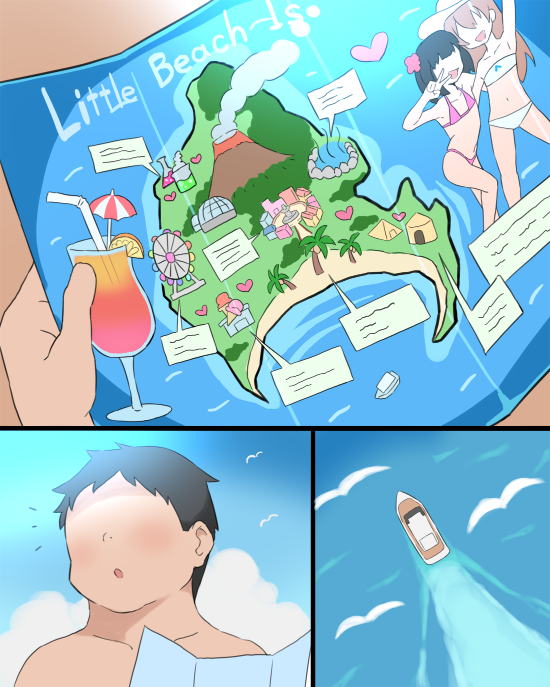 bubukka, original, commentary, highres, 1boy, 2girls, bikini, bird, blue sky, boat, cloud, day, faceless, faceless male, holding, holding map, map, multiple girls, outdoors, pink bikini, sky, summer, swimsuit, watercraft, white bikini