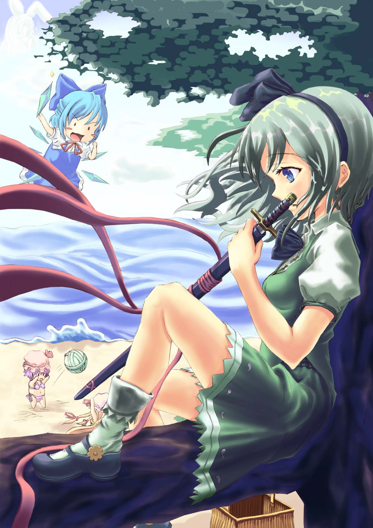 koiame, cirno, konpaku youmu, reisen udongein inaba, remilia scarlet, yakumo yukari, touhou, silver hair, highres, 4girls, animal ears, beach, blue eyes, blush stickers, day, flying, in tree, katana, multiple girls, rabbit ears, short hair, sitting, sitting in tree, sword, tree, weapon