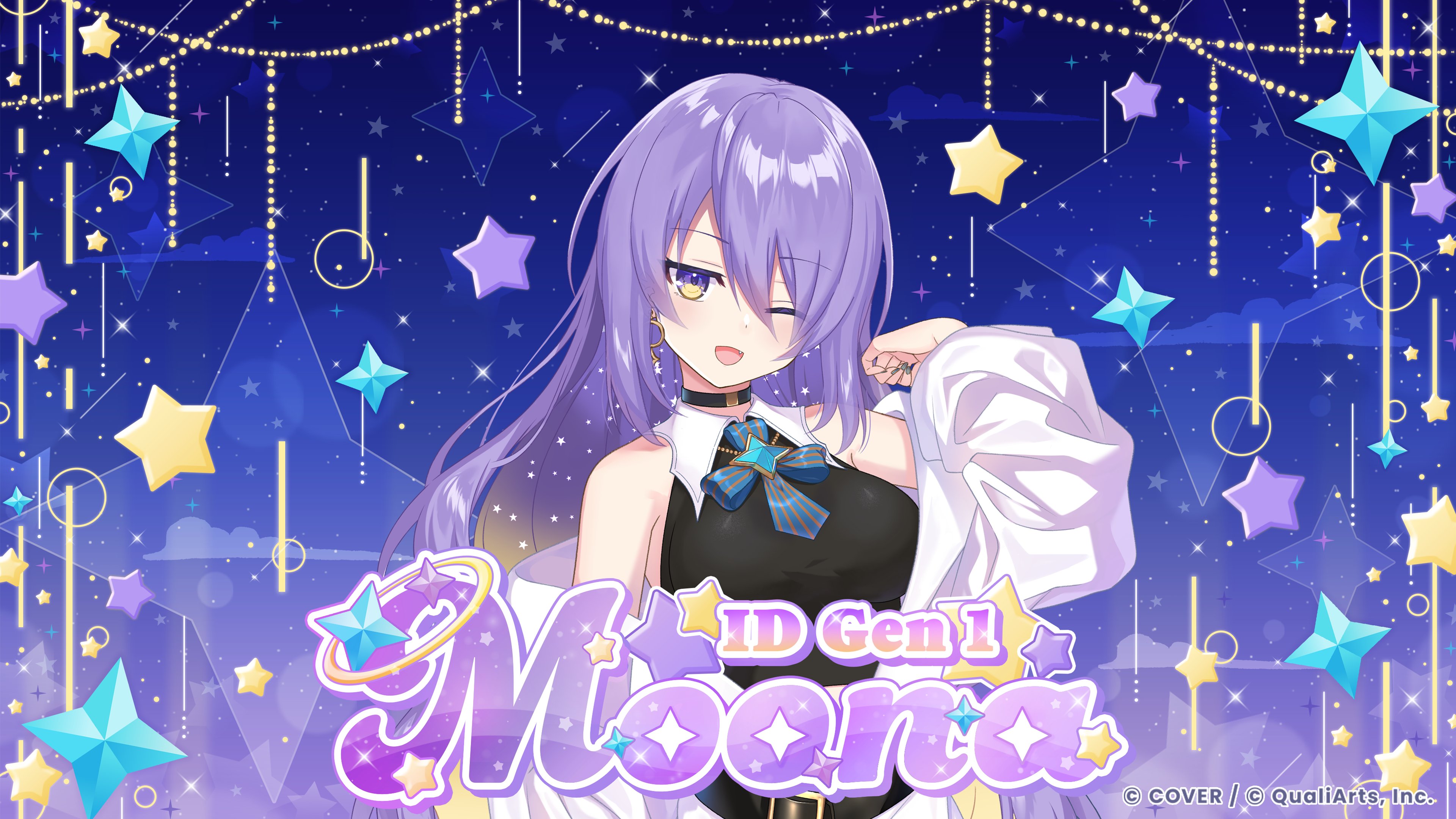 moona hoshinova, moona hoshinova (1st costume), hololive, hololive indonesia, absurdres, commentary request, highres, official art, 1girl, ;d, belt, black belt, black choker, black shirt, blonde hair, breasts, character name, choker, collared shirt, colored inner hair, company name, copyright notice, earrings, gradient hair, hair between eyes, hololive dreams, hoop earrings, jacket, jewelry, long hair, multicolored eyes, multicolored hair, one eye closed, open mouth, purple eyes, purple hair, shirt, single earring, sleeveless, sleeveless shirt, smile, solo, sparkle, star (symbol), virtual youtuber, white jacket, wing collar, yellow eyes