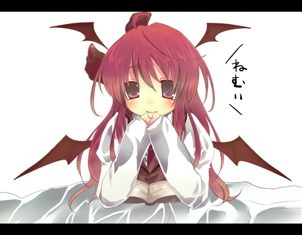 exe (artist), hanepochi, koakuma, embodiment of scarlet devil, touhou, bad id, bad pixiv id, 1girl, bat wings, book, female focus, head wings, long hair, red eyes, red hair, smile, solo, wings