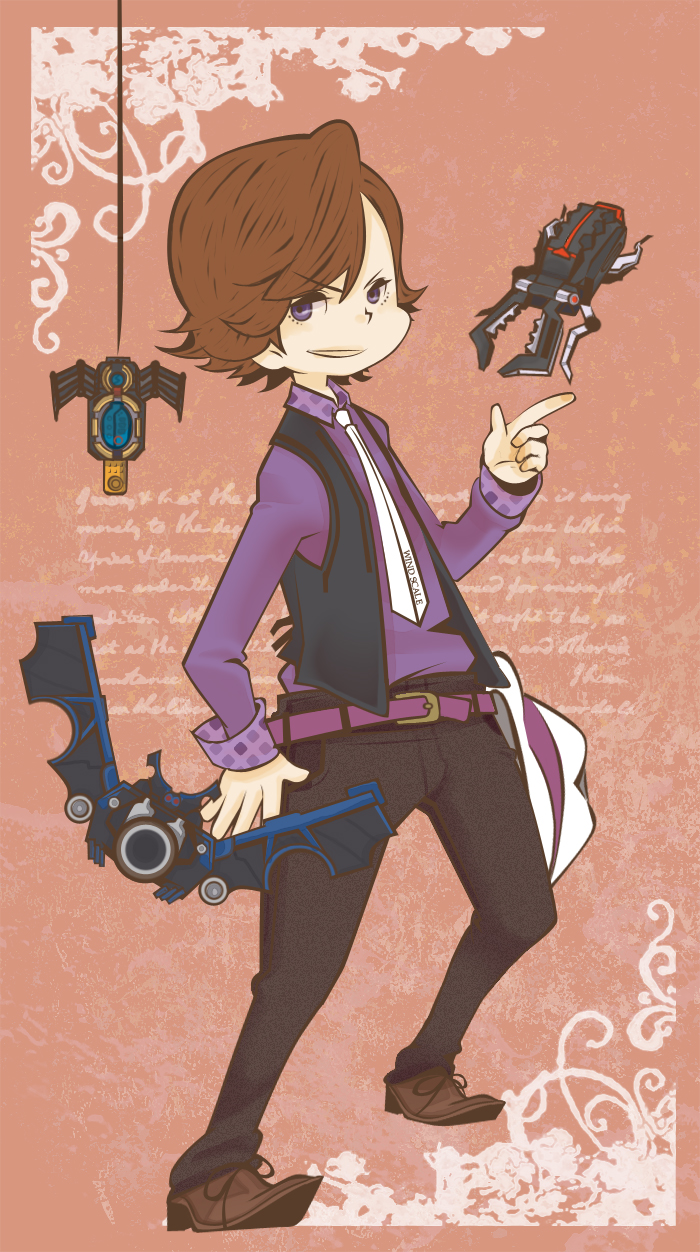 ma:ki, bat shot, hidari shoutarou, mackey, spider shock, stag phone, kamen rider, kamen rider w, bad id, bad pixiv id, highres, 1boy, chibi, male focus, necktie, vest