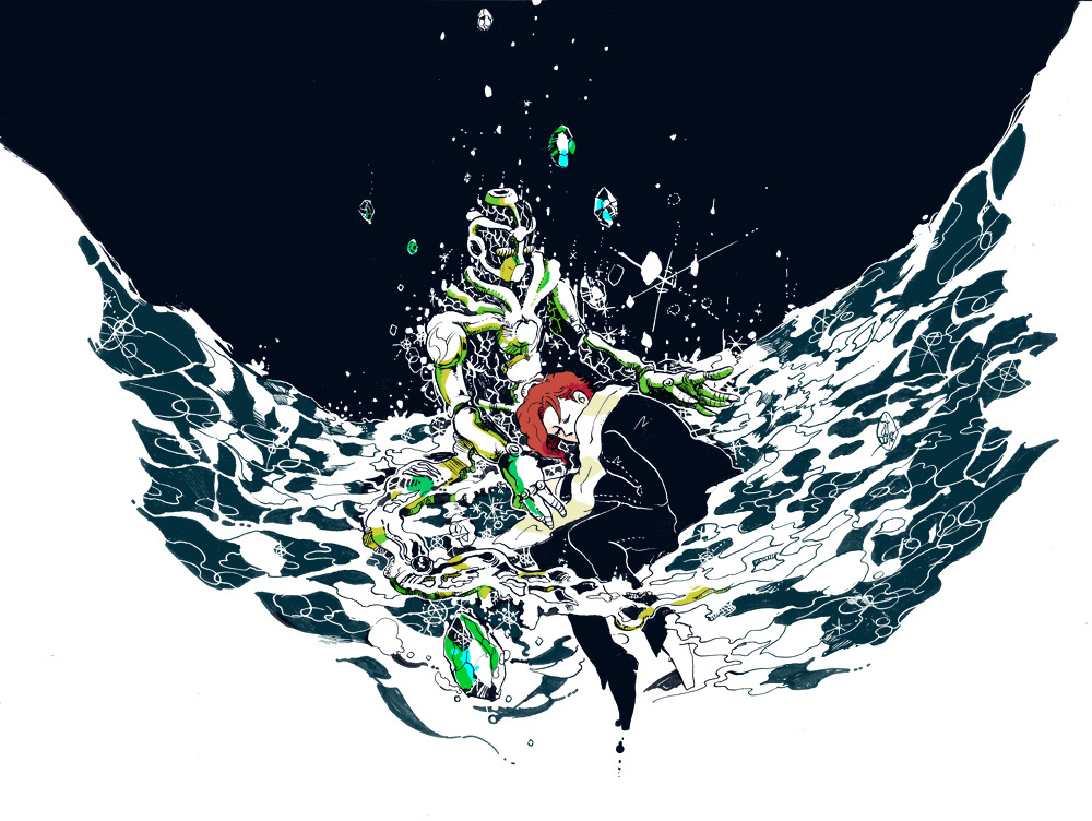 hirasawa, hierophant green, kakyoin noriaki, jojo no kimyou na bouken, stardust crusaders, 1boy, closed eyes, falling up, gakuran, gem, green gemstone, male focus, red hair, scarf, school uniform, solo, sparkle, stand (jojo), water