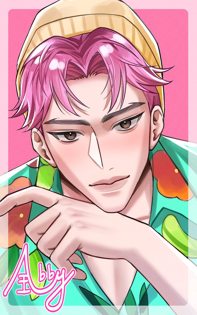 abby (kpop demon hunters), kpop demon hunters, bad id, bad twitter id, 1boy, brown eyes, character name, closed mouth, collared shirt, eyeliner, hat, head rest, looking at viewer, makeup, male focus, pink background, pink hair, rerereri1353, shirt, short hair, simple background, smile, solo, yellow hat