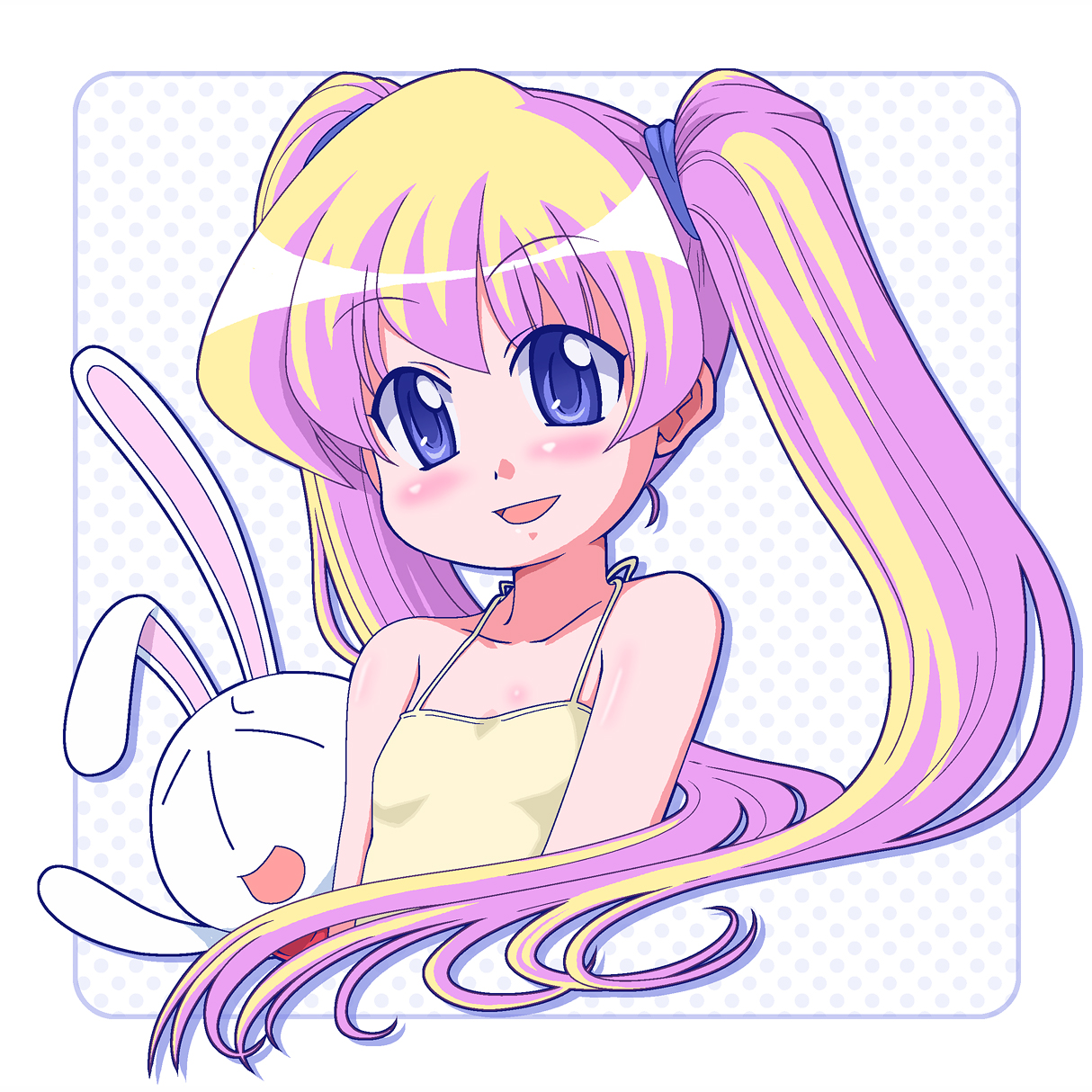 ki (adotadot), mesousa, rebecca miyamoto, pani poni dash!, highres, bare shoulders, blonde hair, blue eyes, blush, child, flat chest, rabbit, smile, solo, tank top, twintails