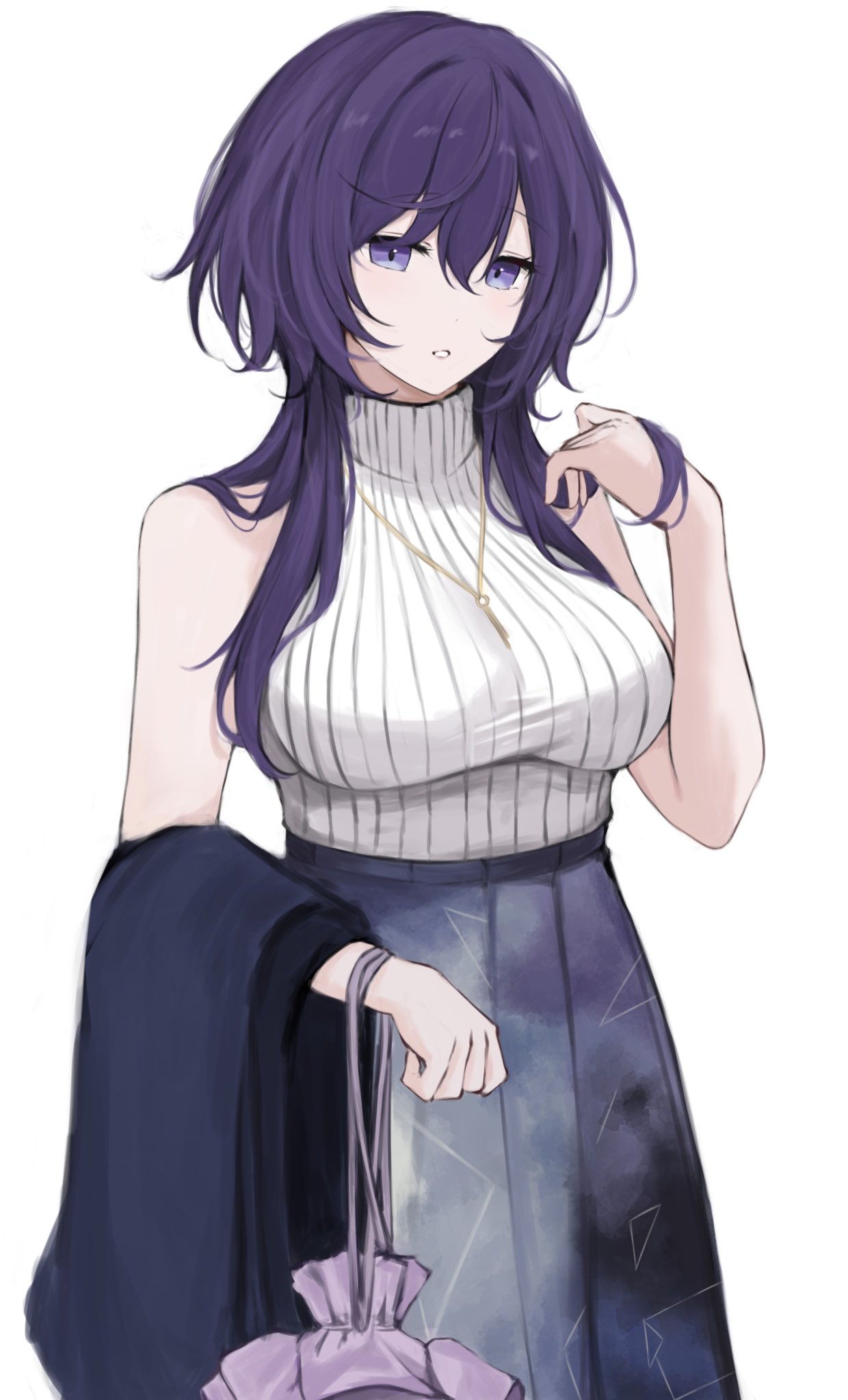 a dayo00, asahina mafuyu, project sekai, zozotown, hashtag-only commentary, highres, 1girl, bag, bare arms, black jacket, breasts, cowboy shot, grey skirt, hair between eyes, hair lift, hand up, handbag, high-waist skirt, holding, holding bag, jacket, jellyfish cut, jewelry, large breasts, long hair, long skirt, looking at viewer, necklace, official alternate costume, official alternate hairstyle, parted lips, purple bag, purple eyes, purple hair, ribbed sweater, sidelocks, simple background, skirt, sleeveless, sleeveless sweater, sleeveless turtleneck, solo, sweater, sweater tucked in, turtleneck, turtleneck sweater, unworn jacket, white background, white sweater