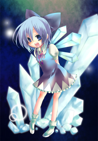 pochi-t, pochi t, cirno, embodiment of scarlet devil, touhou, 1girl, arms behind back, blue eyes, blue hair, bow, child, dress, female focus, hair bow, ice, matching hair/eyes, open mouth, ribbon, shoes, short hair, socks, solo, wings