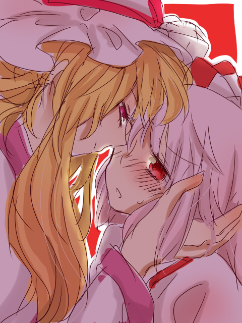 zawameki, fujiwara no mokou, yakumo yukari, touhou, 2girls, blush, eye contact, female focus, imminent kiss, looking at another, multiple girls, yuri