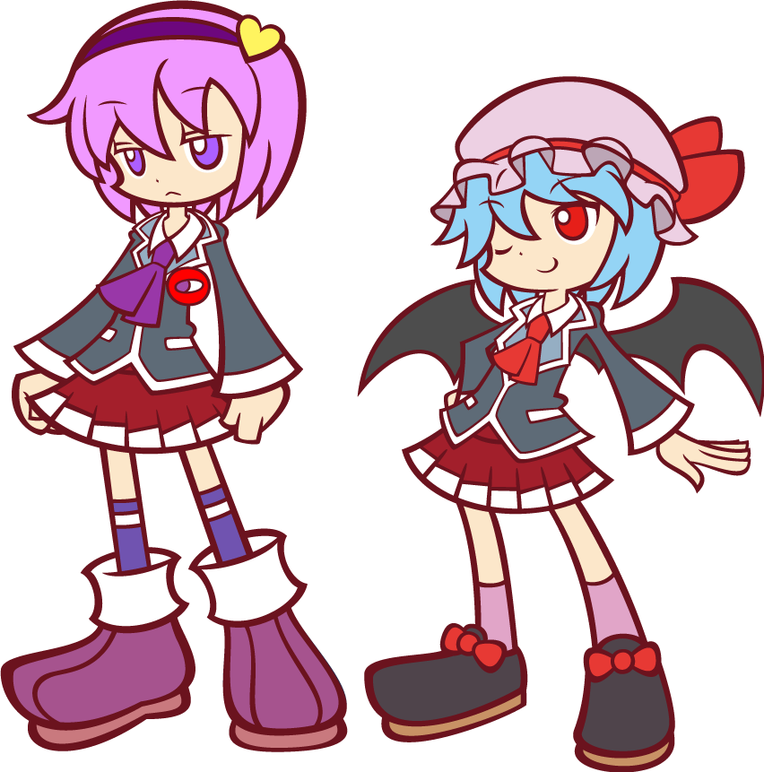 y&k, komeiji satori, remilia scarlet, madou monogatari, puyopuyo, puyopuyo 7, puyopuyo fever, touhou, md5 mismatch, resolution mismatch, third-party edit, 2girls, bat wings, blue hair, contemporary, cosplay, female focus, flat color, grin, hairband, hand on own hip, hat, heart, hip focus, multiple girls, one eye closed, parody, pink hair, purple eyes, red eyes, school uniform, short hair, smile, style parody, transparent background, wings, wink