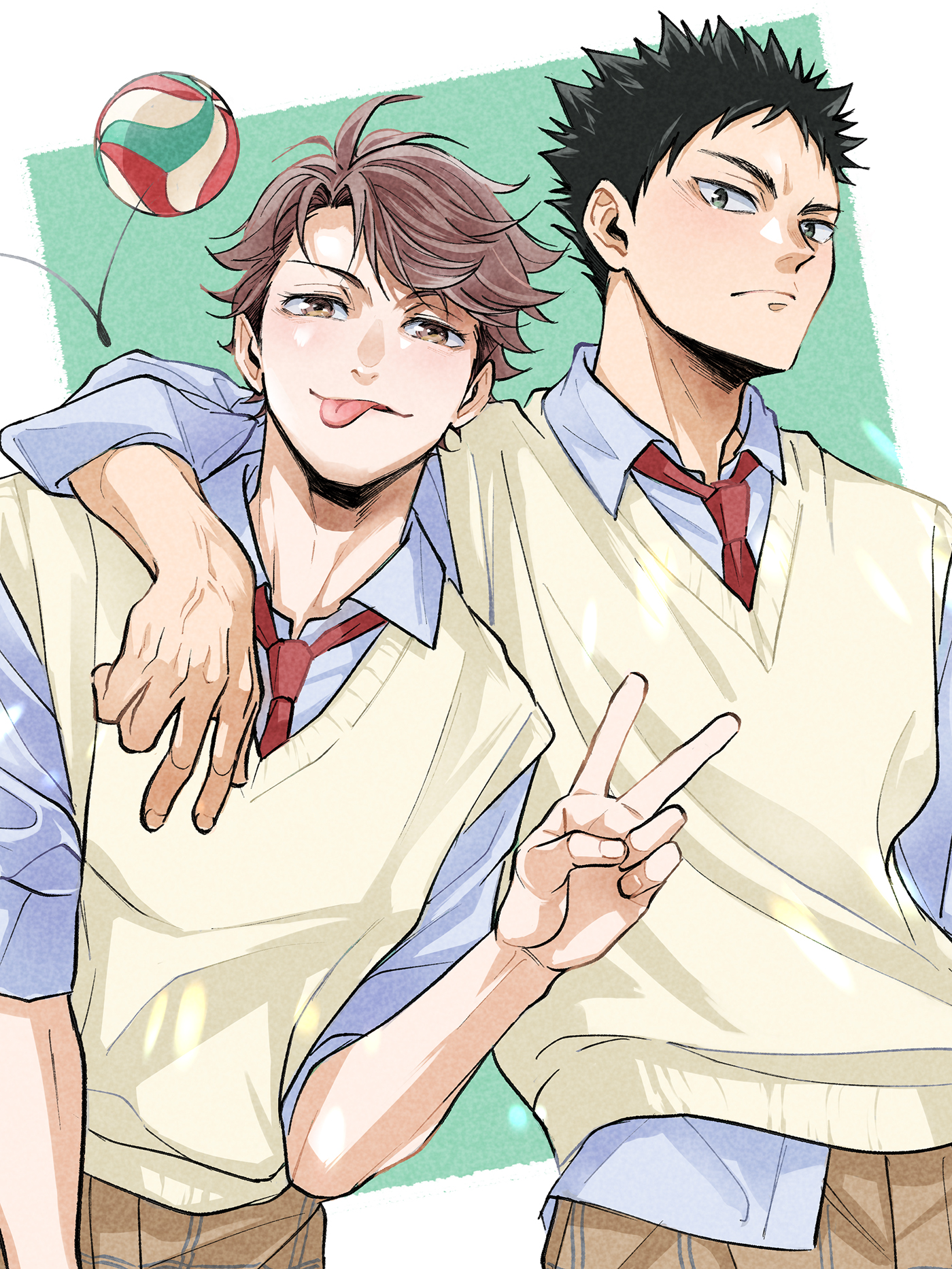 iwaizumi hajime, oikawa tooru (haikyuu!!), haikyuu!!, commentary request, highres, 2boys, :p, arm around shoulder, arm up, ball, black hair, brown eyes, brown hair, brown pants, collared shirt, looking at viewer, male focus, multiple boys, necktie, pants, parted hair, red necktie, shiromaru haiji, shirt, short hair, spiked hair, standing, sweater vest, tongue, tongue out, v, volleyball (object), white shirt, white sweater vest, wing collar