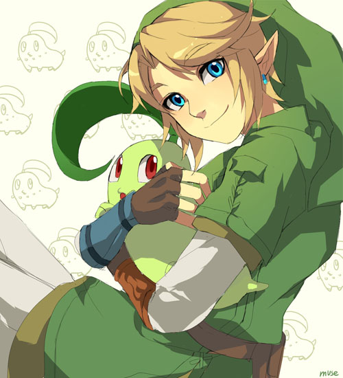 muse (rainforest), chikorita, link, nintendo, pokemon, super smash bros., the legend of zelda, the legend of zelda: twilight princess, green headwear, 1boy, blonde hair, blue eyes, closed mouth, company connection, crossover, earrings, fingerless gloves, gen 2 pokemon, gloves, hat, hug, jewelry, looking at another, looking at viewer, open mouth, pointy ears, pokemon (creature), red eyes, short hair, sitting, smile