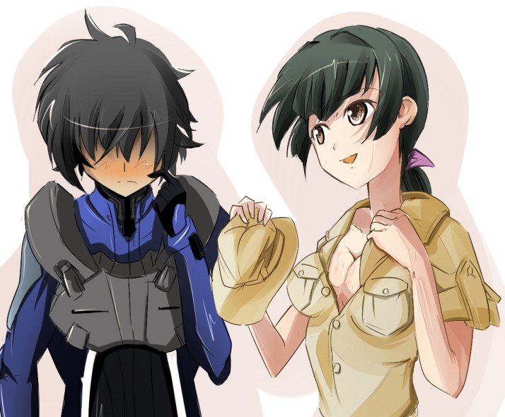 rasiem, setsuna f. seiei, wang liu mei, gundam, gundam 00, pilot suit, 00s, 1boy, 1girl, black hair, blush, breasts, cleavage, embarrassed, hat, long hair, medium breasts, ponytail, sweat