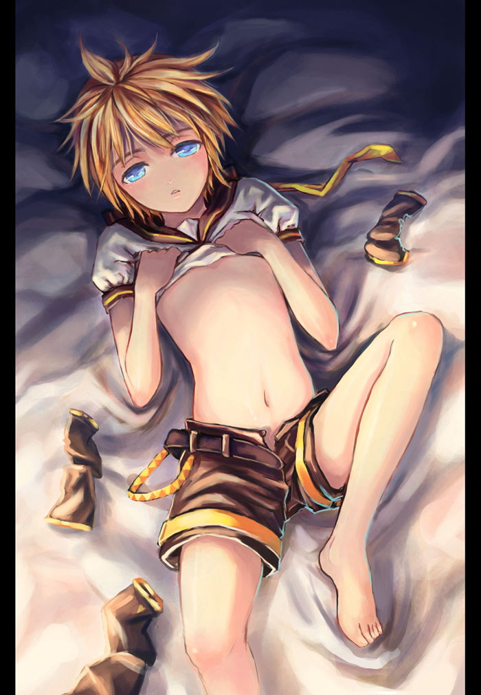 bryanth, kagamine len, vocaloid, 1boy, androgynous, barefoot, bed sheet, belt, blonde hair, blue eyes, clothes lift, feet, lying, male focus, navel, on back, pillarboxed, school uniform, shirt lift, shorts, solo, undressing