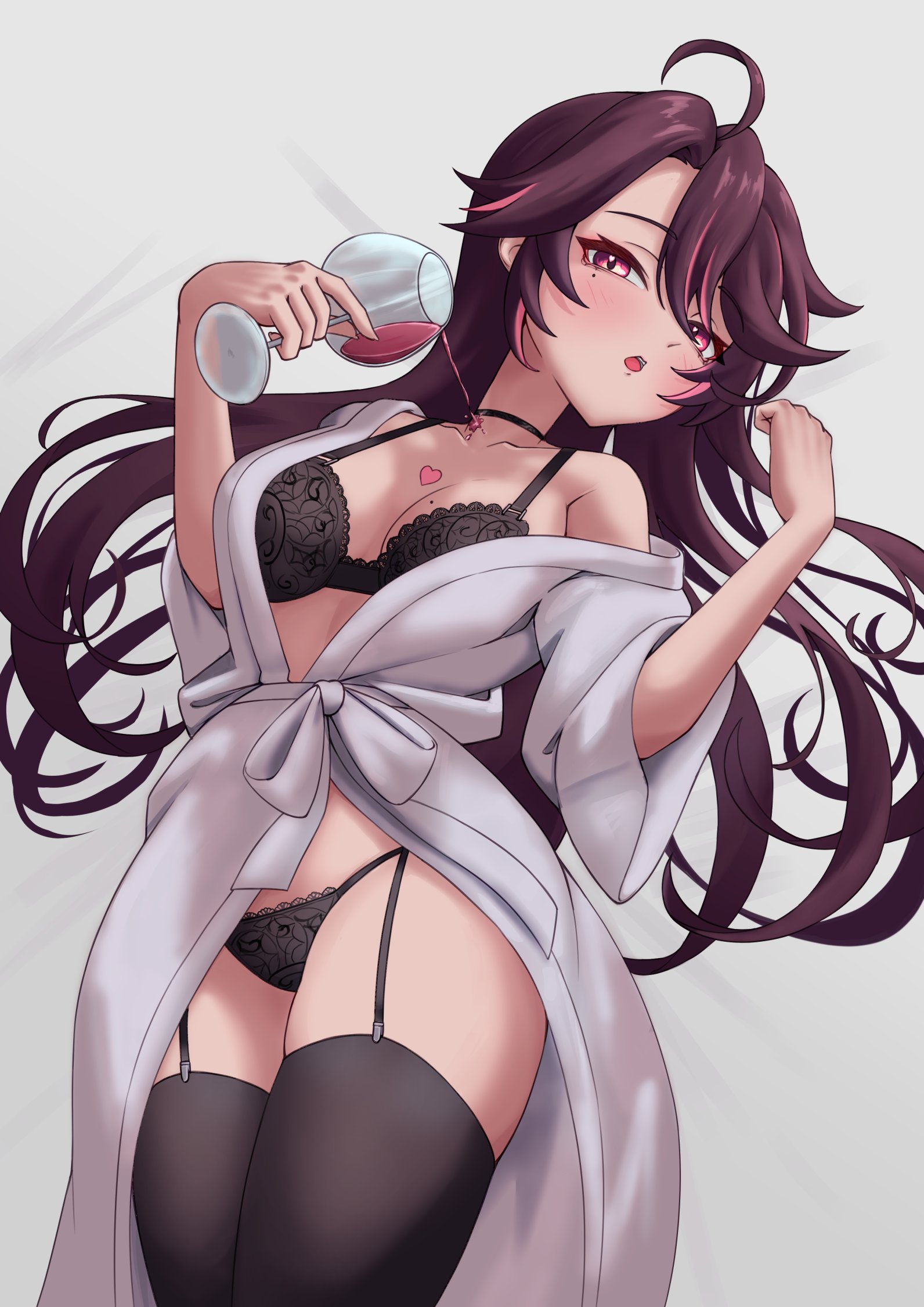 ragerkgk, himemiya rie, phase connect, commentary, english commentary, highres, 1girl, ahoge, black bra, black garter straps, black hair, black panties, black thighhighs, bra, breasts, collarbone, garter straps, heart, long hair, mole, mole on breast, mole under eye, multicolored hair, open mouth, panties, pink eyes, pink hair, pouring, pouring onto self, solo, streaked hair, thighhighs, underwear, virtual youtuber