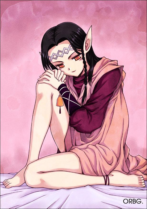 orebalgum, atrata, mabinogi, 1girl, anklet, barefoot, bell, black hair, braid, circlet, elf, feet, female focus, jewelry, orange eyes, pink background, pointy ears, side braid, solo