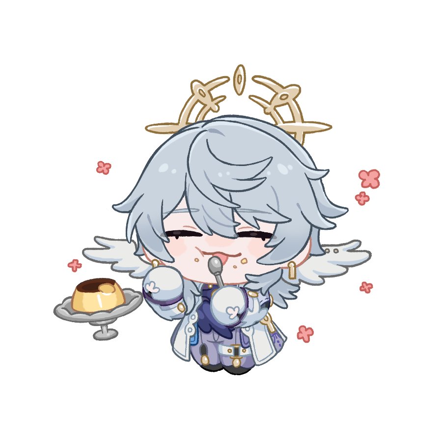 sunday (honkai: star rail), honkai: star rail, honkai (series), commentary, symbol-only commentary, 1boy, angel wings, arms up, black shirt, chibi, chibi only, closed eyes, coat, food, food on face, full body, gloves, grey pants, hair between eyes, happy aura, holding, holding spoon, koushingb man, male focus, pants, parted bangs, plate, pudding, shirt, simple background, solo, spoon, swept bangs, tongue, tongue out, white background, white coat, white gloves, wings