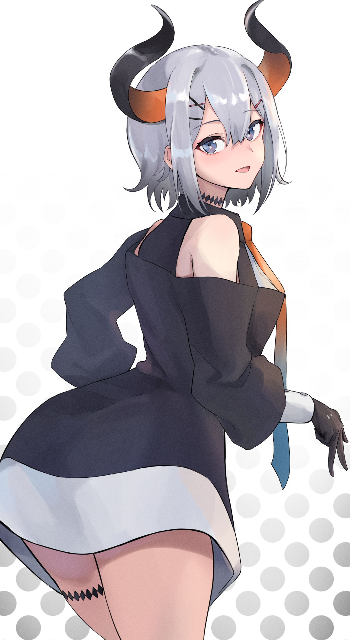 yudetama, levi elipha, nijisanji, commentary request, highres, 1girl, back, bare shoulders, black gloves, blue eyes, choker, demon horns, gloves, grey eyes, grey hair, hair between eyes, hair ornament, hairclip, horns, long sleeves, looking at viewer, looking back, necktie, open mouth, orange necktie, polka dot, polka dot background, portrait, short hair, simple background, smile, solo, virtual youtuber, white background, white hair, x hair ornament