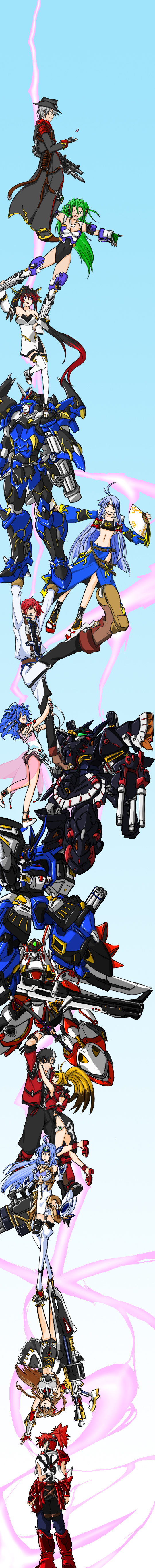 koshika, aledy naash, alfimi, aschen brodel, axel almer, harken browning, jyaki-gun-oh, kos-mos, kos-mos ver. 4, nanbu kaguya, neige hausen, suzuka hime, xiaomu, banpresto, durarara!!, super robot wars, super robot wars og saga mugen no frontier, xenosaga, xenosaga episode iii, absurdres, highres, long image, tall image, 4boys, 6+girls, mecha, multiple boys, multiple girls, parody, robot, trust me (durarara!!)