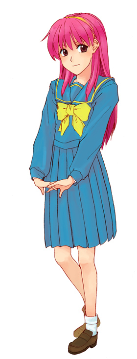 hatimoto, fujisaki shiori, tokimeki memorial, tokimeki memorial 1, 1girl, blue sailor collar, blue skirt, bow, female focus, long hair, red eyes, red hair, sailor collar, school uniform, serafuku, skirt, solo, yellow bow