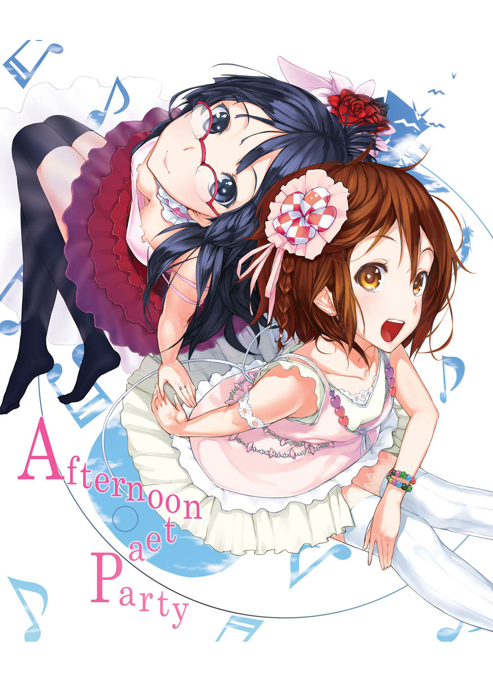 cior, akiyama mio, hirasawa yui, k-on!, duplicate, highres, 2girls, alternate costume, breasts, cleavage, downblouse, flower, from above, glasses, looking up, medium breasts, multiple girls, musical note, quaver, skirt, thighhighs