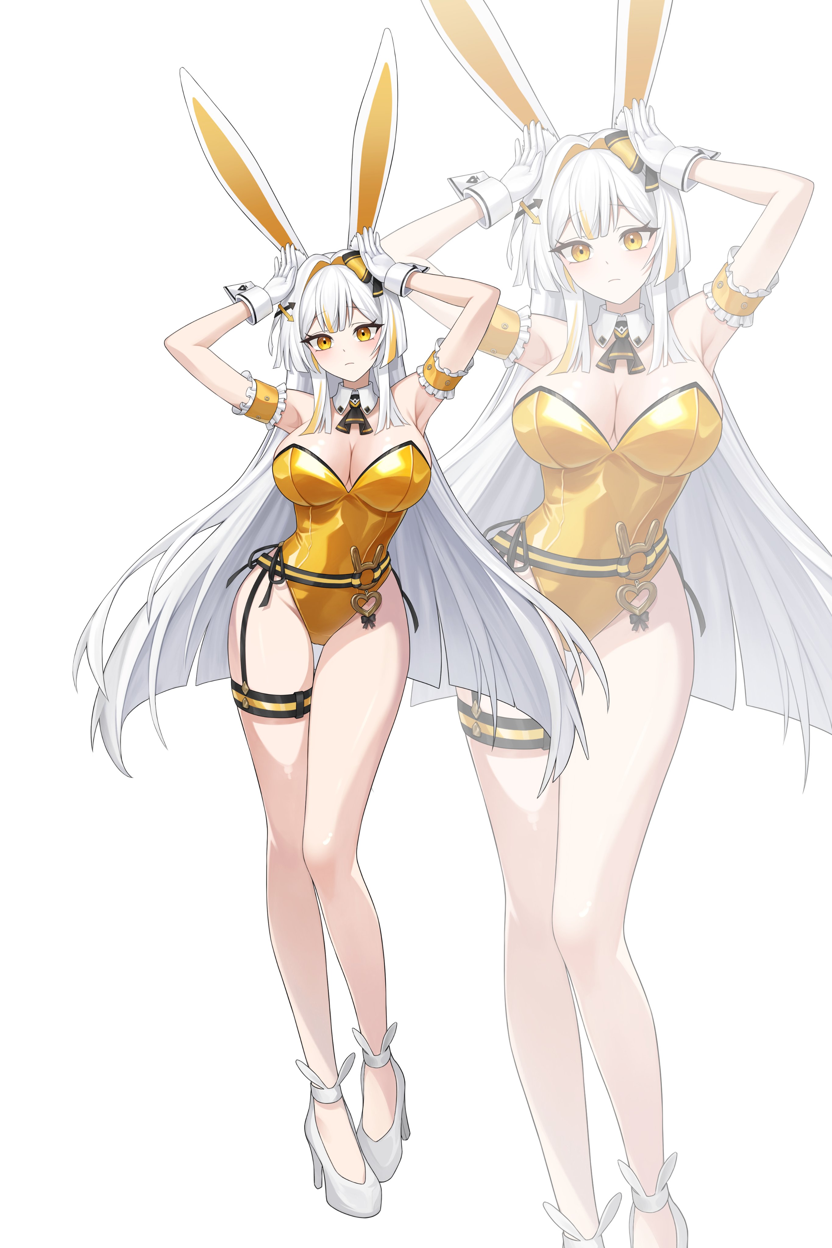 achan o3o, minami rio, black survival, eternal return: black survival, absurdres, commentary request, highres, korean commentary, 1girl, animal ears, blonde hair, breasts, cleavage, gloves, high heels, large breasts, long hair, looking at viewer, minami rio (winning shot), playboy bunny, rabbit ears, rabbit pose, solo, white gloves, white hair, wrist cuffs, yellow eyes