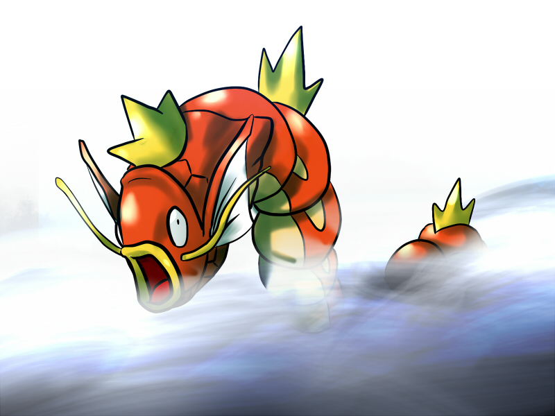kimubota, gyarados, magikarp, nintendo, pokemon, pokemon rgby, bad id, bad pixiv id, fins, fog, fusion, gen 1 pokemon, no humans, open mouth, pokemon (creature), sea serpent, simple background, solo, water, whiskers, white background, you're doing it wrong