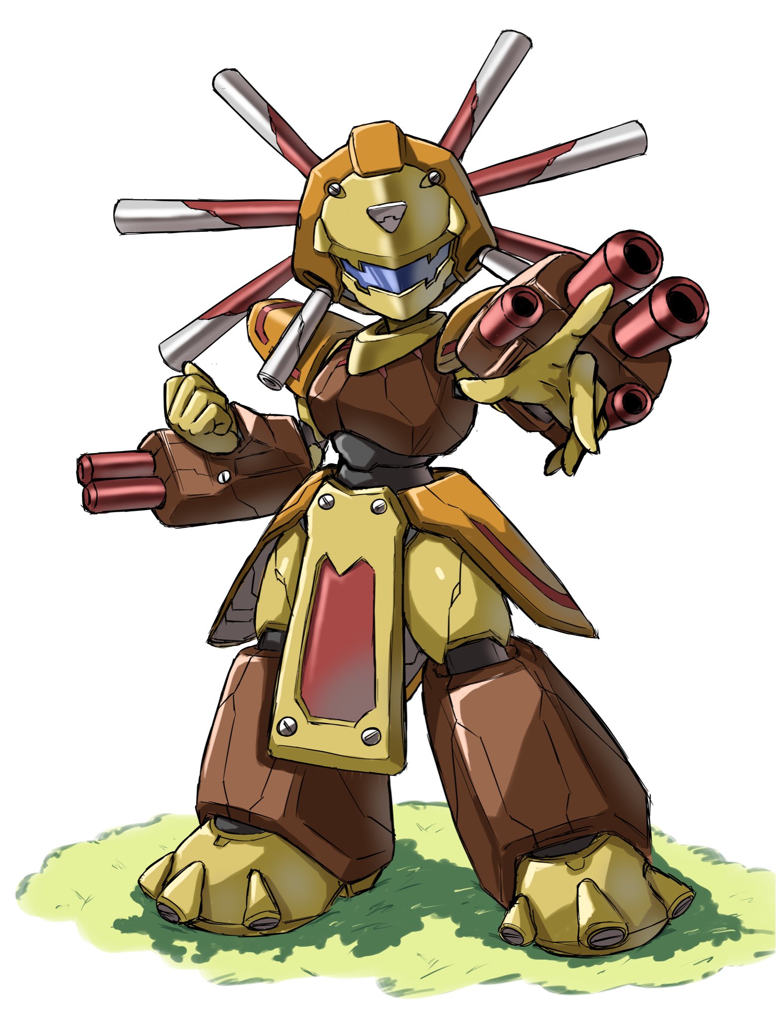 mota saru, medarot, character request, commentary request, highres, 1boy, arm cannon, brown armor, full body, helmet, humanoid robot, male focus, on grass, robot, simple background, solo, standing, weapon, white background, yellow helmet
