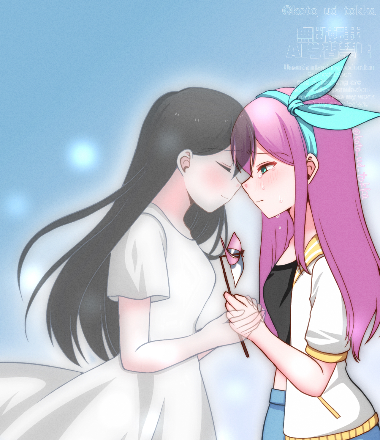 hisaho, aubrey (faraway) (omori), aubrey (omori), mari (omori), mari (spirit) (omori), omori, commentary request, highres, 2girls, black hair, blue eyes, blue hairband, blue skirt, blush, closed eyes, closed mouth, crop top, crying, crying with eyes open, denim, denim skirt, dress, hairband, holding, holding pinwheel, jacket, long sidelocks, multiple girls, open clothes, open jacket, pink hair, pinwheel, short-sleeved jacket, short sleeves, sidelocks, skirt, smile, tears, twitter username, watermark, white dress, white jacket