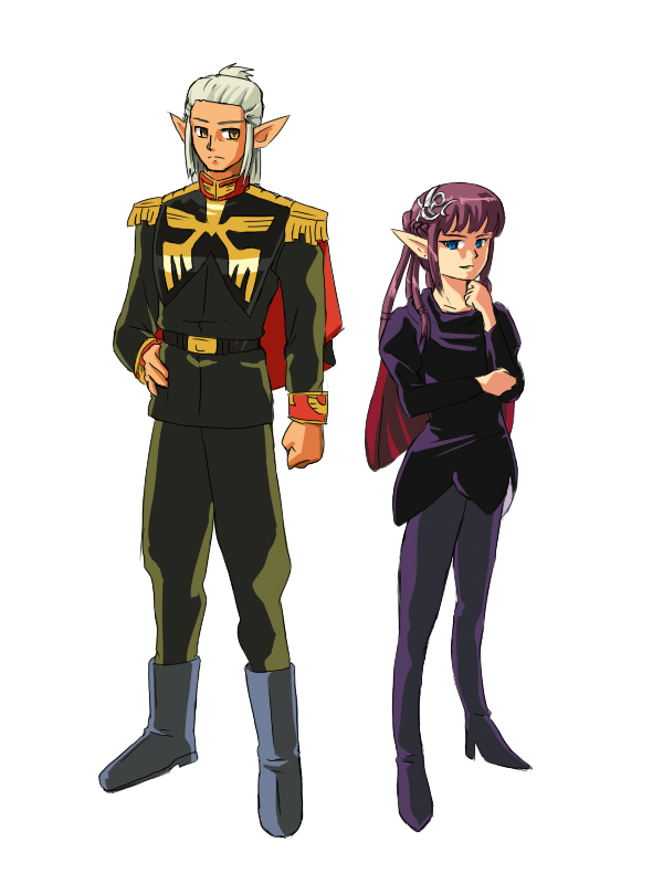 katoriniityan, anavel gato, castanea, hagel, haman karn, gundam, gundam 0083, mabinogi, zeta gundam, 1boy, 1girl, anavel gato (cosplay), blue eyes, boots, braid, cape, cosplay, elf, epaulettes, hair ornament, haman karn (cosplay), height difference, long hair, military, military uniform, pointy ears, purple hair, side braid