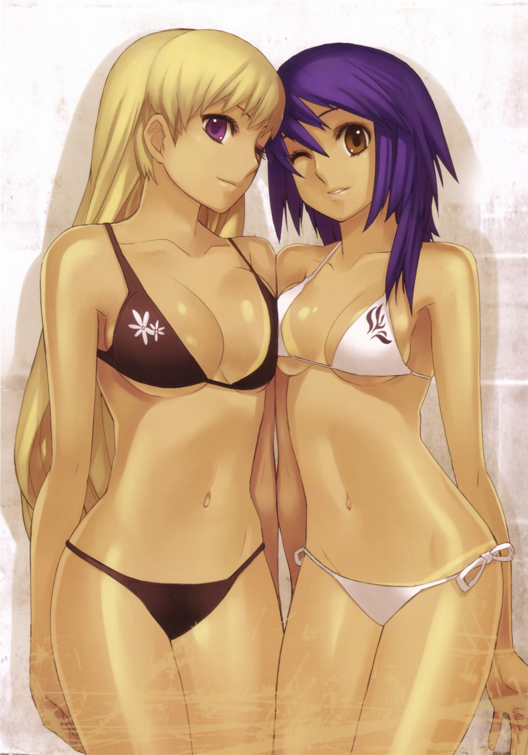 nagi ryou, chroche latel pastalie, luca truelywaath, ar tonelico, ar tonelico ii, gust, absurdres, highres, official art, scan, 2girls, arms behind back, asymmetrical docking, asymmetrical hair, bikini, bikini tan, black bikini, blonde hair, blue hair, breast press, breasts, brown eyes, cleavage, cowboy shot, floral print, forehead-to-forehead, grin, groin, hair between eyes, hair over shoulder, heads together, large breasts, light smile, lips, long hair, looking at viewer, lowleg, lowleg bikini, multiple girls, navel, one eye closed, print bikini, purple eyes, shiny skin, short hair, side-tie bikini bottom, smile, standing, string bikini, swimsuit, tan, tanline, underboob, very long hair, white bikini, wink, yellow eyes, yuri