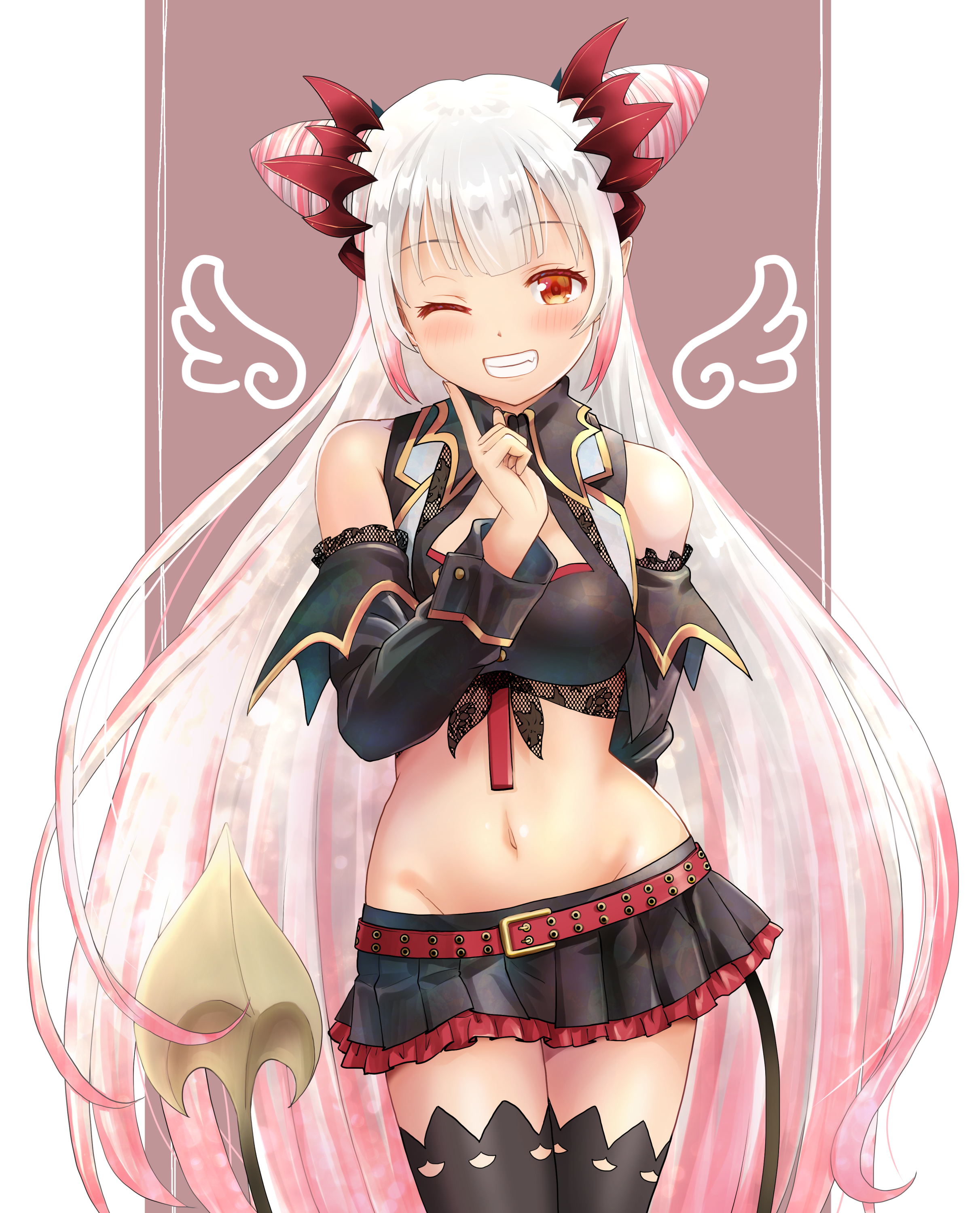 haniwa (leaf garden), suou patra, suou patra (1st costume), indie virtual youtuber, absurdres, commentary request, highres, 1girl, ;d, arm behind back, belt, between breasts, black shirt, black skirt, black sleeves, black thighhighs, black vest, blush, breasts, brown background, cleavage cutout, clothing cutout, collared shirt, cone hair bun, cowboy shot, crop top, cropped shirt, cropped vest, curled horns, demon girl, demon horns, demon tail, detached sleeves, double bun, drawn wings, fang, finger to cheek, frilled skirt, frills, gradient hair, grey hair, grin, groin, hair bun, headgear, horns, long hair, long sleeves, looking at viewer, lowleg, lowleg skirt, medium breasts, microskirt, midriff, multicolored hair, navel, necktie, necktie between breasts, one eye closed, open clothes, open mouth, open vest, orange eyes, pink hair, pink streaks, pleated skirt, pointy ears, red belt, red horns, red necktie, shirt, side up bun, skirt, sleeveless, sleeveless shirt, smile, solo, spiked horns, stomach, tail, thighhighs, very long hair, vest, virtual youtuber