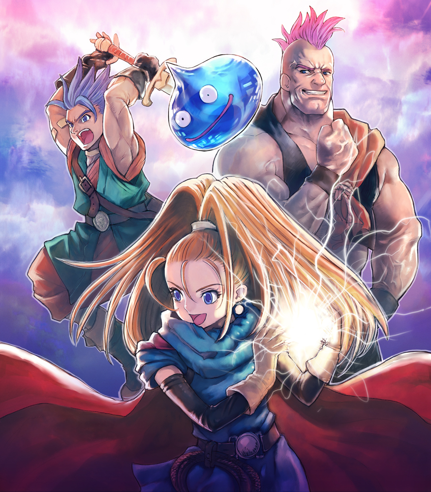 boyaking, barbara (dq6), hassan (dq6), hero (dq6), slime (dragon quest), dragon quest, dragon quest vi, 1girl, 2boys, belt, blue eyes, blue hair, cape, clenched hand, earrings, electricity, forehead, gloves, grin, high ponytail, jewelry, magic, mohawk, multiple boys, open mouth, orange hair, pink hair, ponytail, smile, spiked hair, sword, weapon, wristband