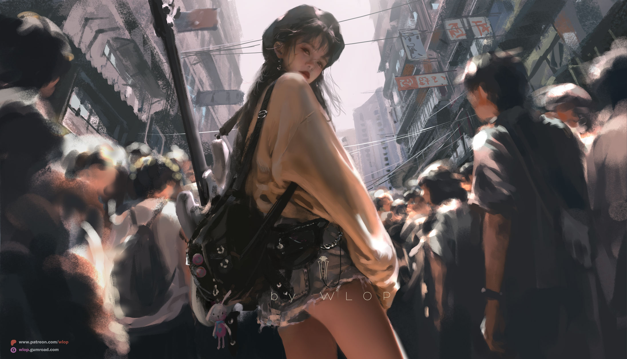 wlop, original, commentary request, highres, 1girl, 6+others, backpack, bag, black hair, city, crowd, cutoffs, earrings, electric guitar, from behind, guitar, hat, instrument, jewelry, lips, long hair, looking at viewer, multiple others, outdoors, short hair, shorts, solo focus, watermark, web address