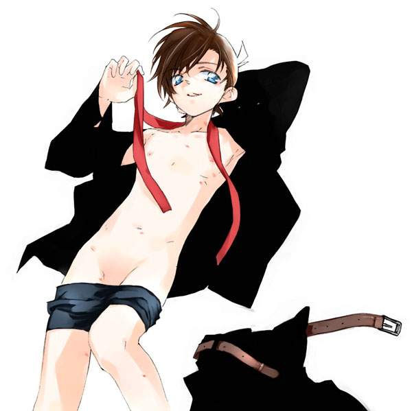 edogawa conan, meitantei conan, clothes, 1boy, blue eyes, brown hair, clothes pull, looking at viewer, male focus, open clothes, open shirt, ribbon, shirt, short hair, shorts, shorts pull, shota, simple background, solo, white background