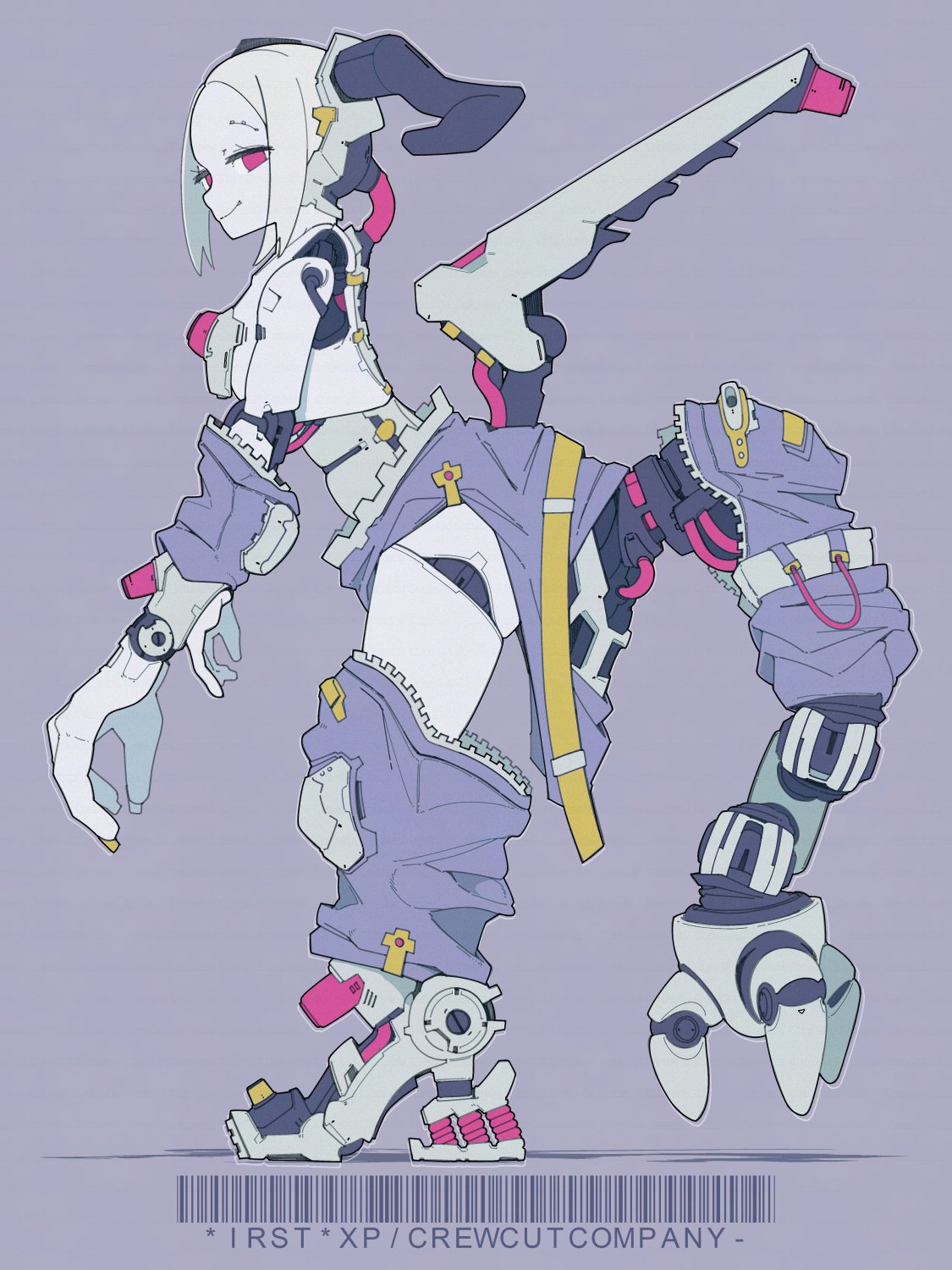 original, highres, 1girl, barcode, ccc kakugari, colored skin, from side, full body, grey hair, horns, joints, leaning forward, looking at viewer, mechanical horns, mechanical tail, no pupils, parted bangs, pink eyes, purple background, robot girl, robot joints, short hair, simple background, smile, solo, tail, tail cover, white skin, zipper