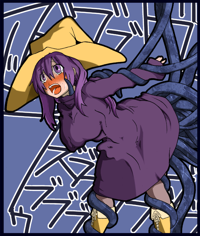 hanauna, black mage (final fantasy), faris scherwiz, final fantasy, final fantasy v, 1990s (style), 1girl, blush, boots, female focus, hat, long hair, open mouth, purple eyes, purple hair, rape, retro artstyle, robe, tears, tentacles, tentacles under clothes, witch hat